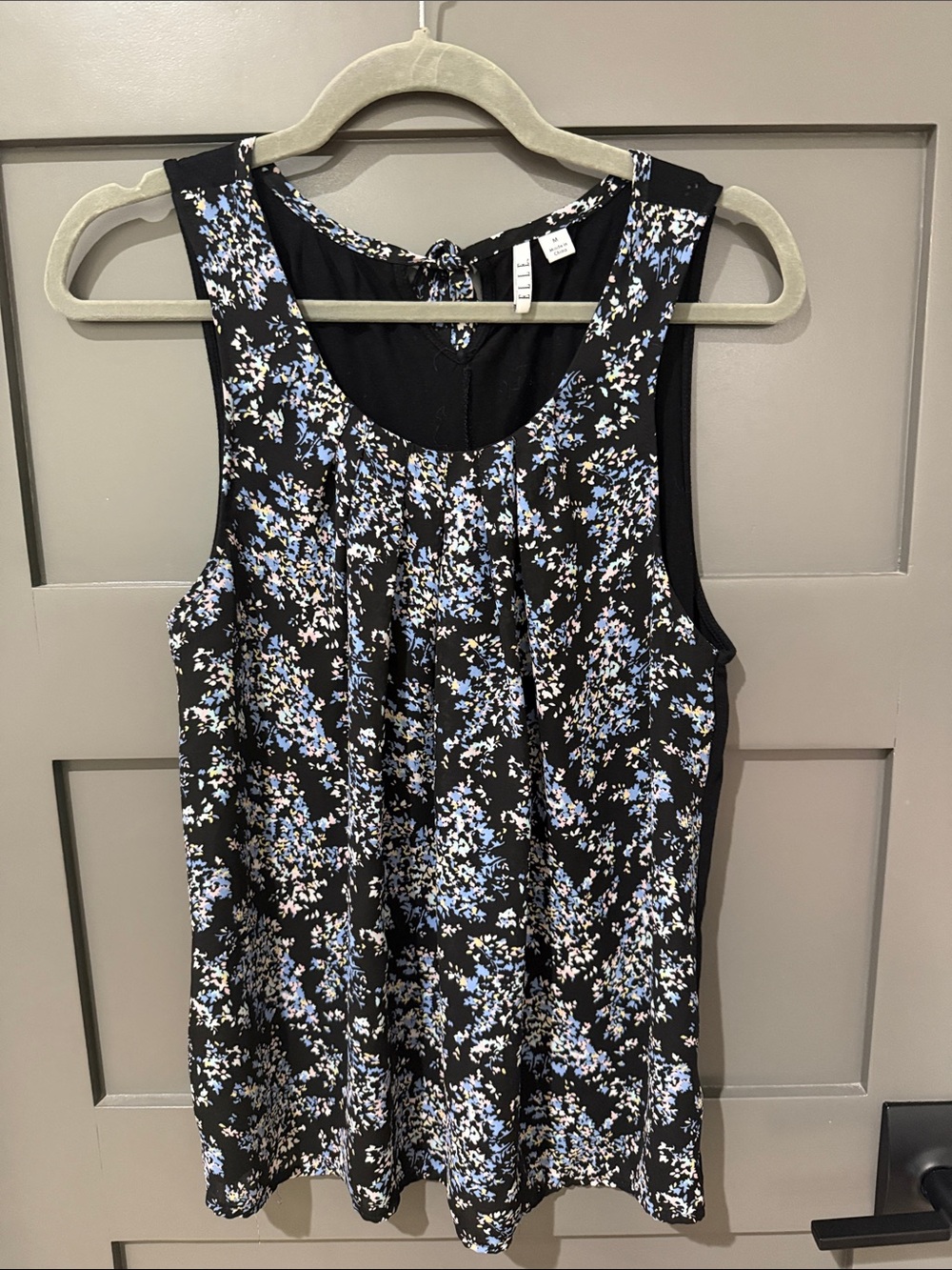 Elle Sleeveless Black Floral Tank Top with Blue Accent